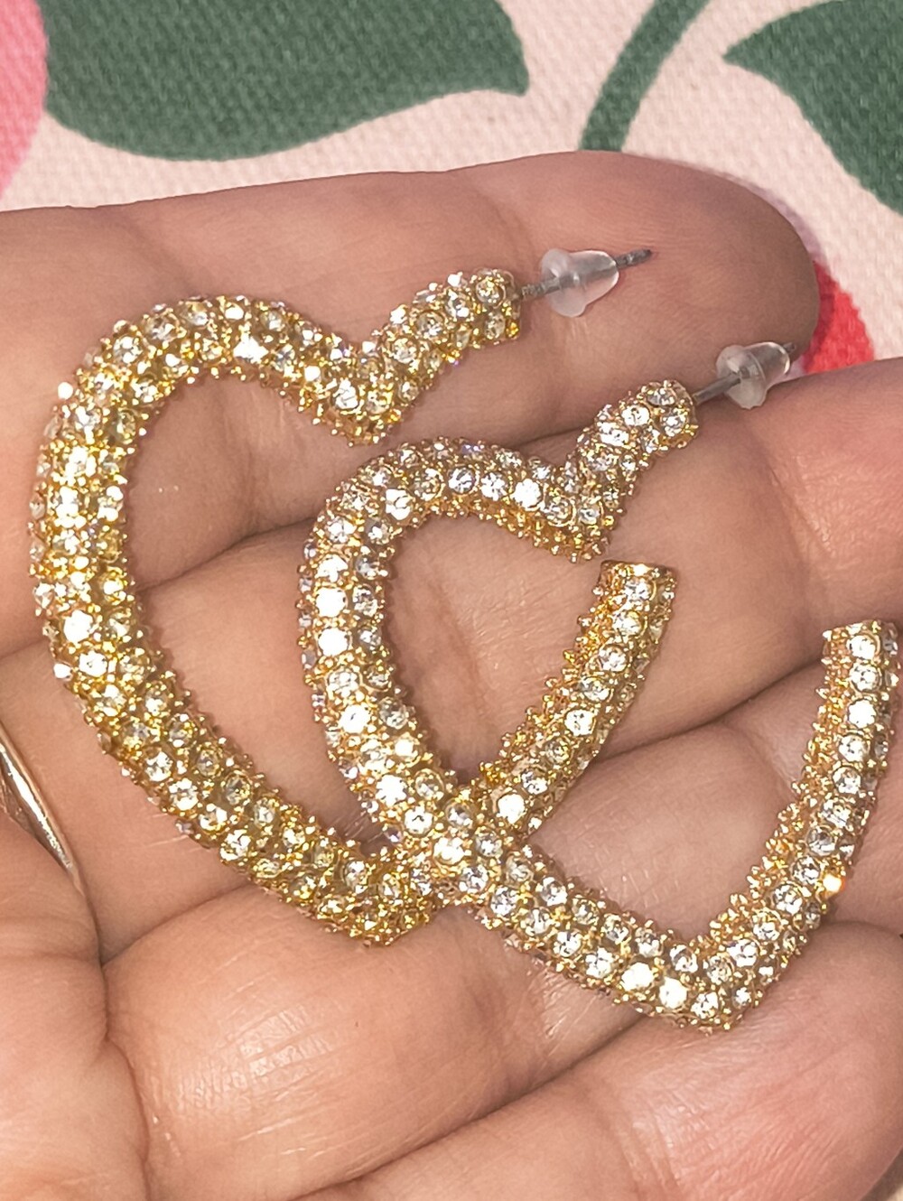 Beautiful Pave` Rhinestone Gold Tone Open Heart Earrings. Estate Find
